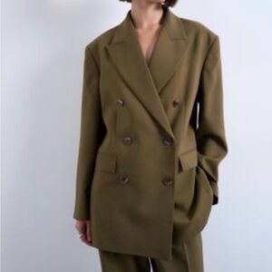 Topshop Olive Green Double-Breasted Pantsuit (Blazer and Pants)